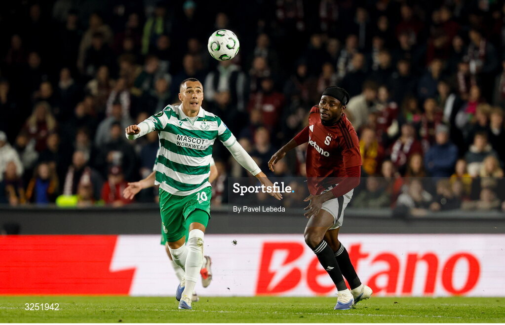 2 October 2025; Graham Burke of Shamrock Rovers during the UEFA Conference League 2025/26 league phase match between Sparta Praha and Shamrock Rovers at epet ARENA in Prague, Czechia. Photo by Pavel Lebeda/Sportsfile