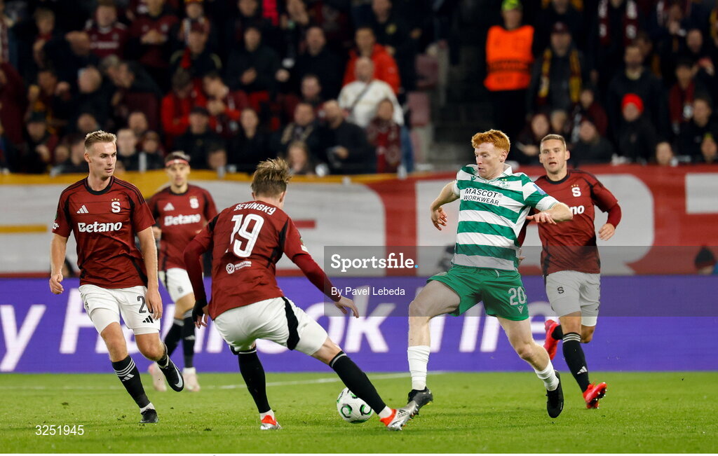 2 October 2025; Rory Gaffney of Shamrock Rovers in action against Adam Ševínský of Sparta Praha during the UEFA Conference League 2025/26 league phase match between Sparta Praha and Shamrock Rovers at epet ARENA in Prague, Czechia. Photo by Pavel Lebeda/Sportsfile