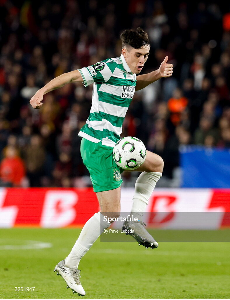 2 October 2025; Cory O'Sullivan of Shamrock Rovers during the UEFA Conference League 2025/26 league phase match between Sparta Praha and Shamrock Rovers at epet ARENA in Prague, Czechia. Photo by Pavel Lebeda/Sportsfile