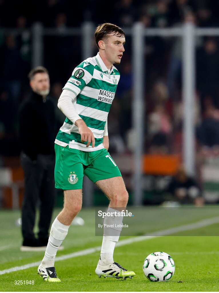 2 October 2025; Matthew Healy of Shamrock Rovers during the UEFA Conference League 2025/26 league phase match between Sparta Praha and Shamrock Rovers at epet ARENA in Prague, Czechia. Photo by Pavel Lebeda/Sportsfile