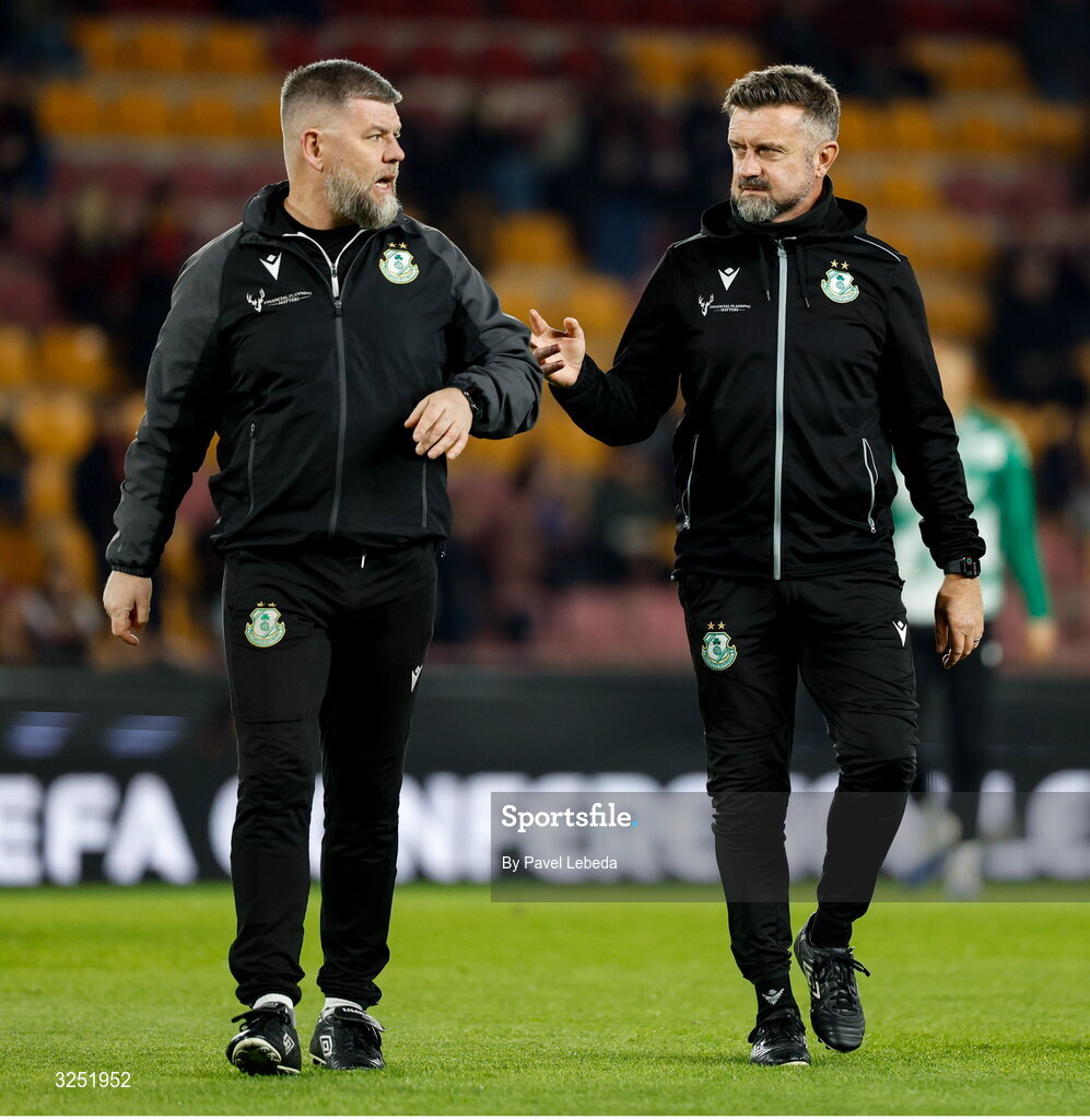2 October 2025; Shamrock Rovers strength and conditioning coach Darren Dillon, left, with Shamrock Rovers sporting director Stephen McPhail before the UEFA Conference League 2025/26 league phase match between Sparta Praha and Shamrock Rovers at epet ARENA in Prague, Czechia. Photo by Pavel Lebeda/Sportsfile