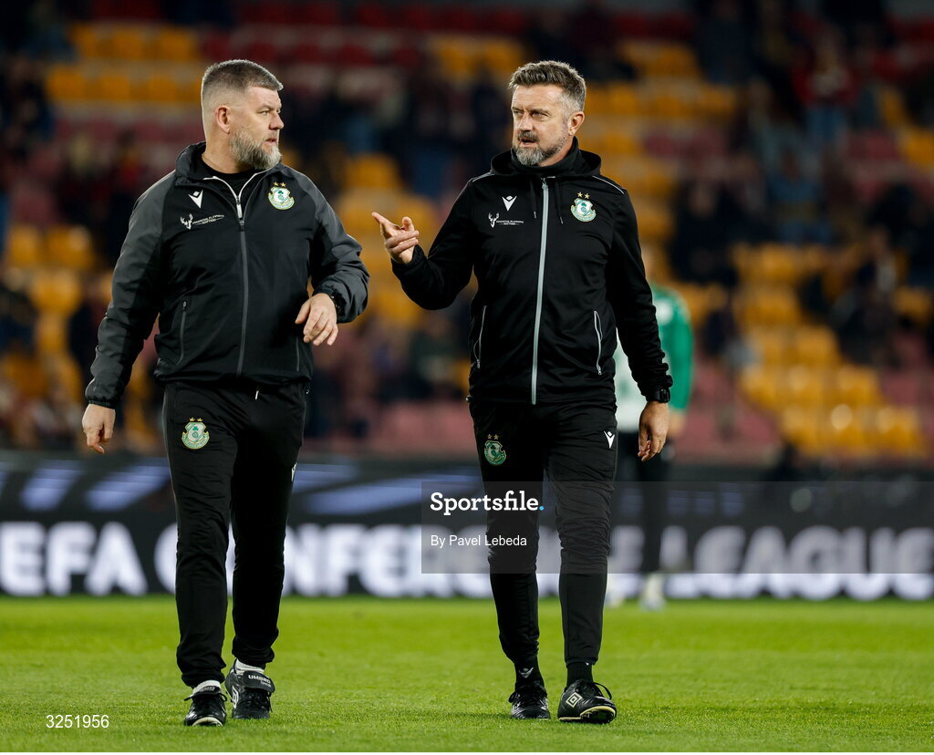 2 October 2025; Shamrock Rovers strength and conditioning coach Darren Dillon, left, with Shamrock Rovers sporting director Stephen McPhail before the UEFA Conference League 2025/26 league phase match between Sparta Praha and Shamrock Rovers at epet ARENA in Prague, Czechia. Photo by Pavel Lebeda/Sportsfile