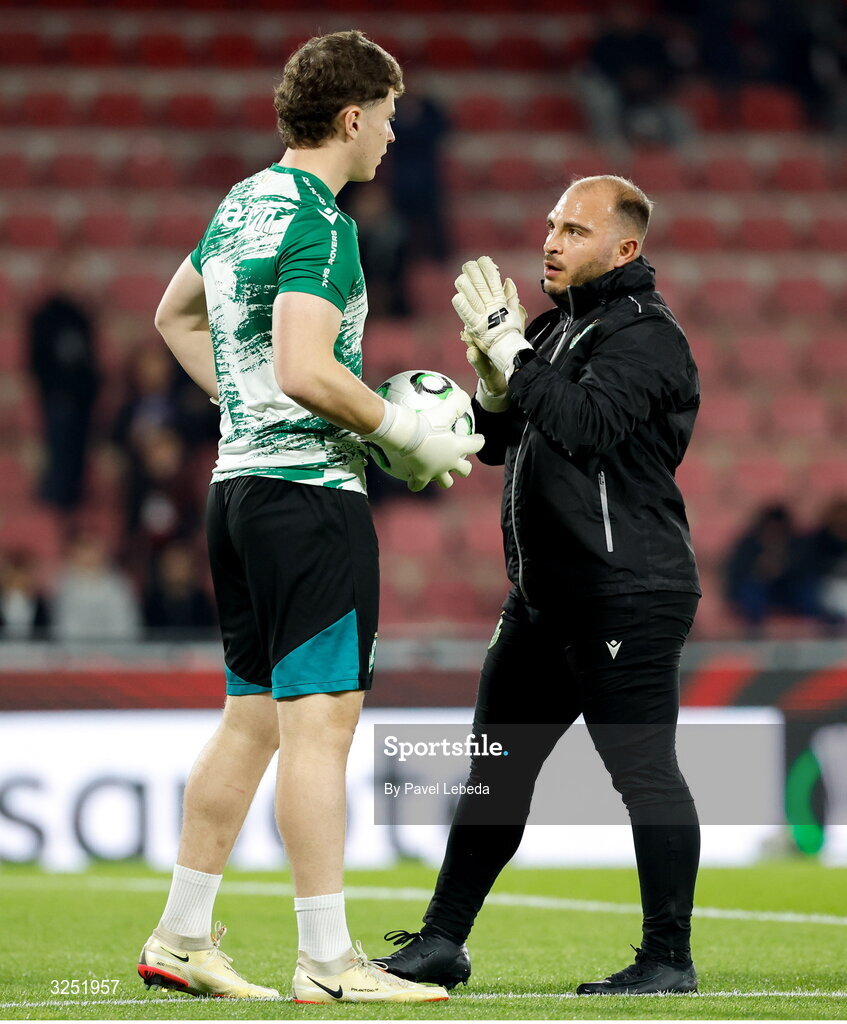 2 October 2025; Shamrock Rovers goalkeeper Edward McGinty with goalkeeping coach Jose Ferrer before the UEFA Conference League 2025/26 league phase match between Sparta Praha and Shamrock Rovers at epet ARENA in Prague, Czechia. Photo by Pavel Lebeda/Sportsfile