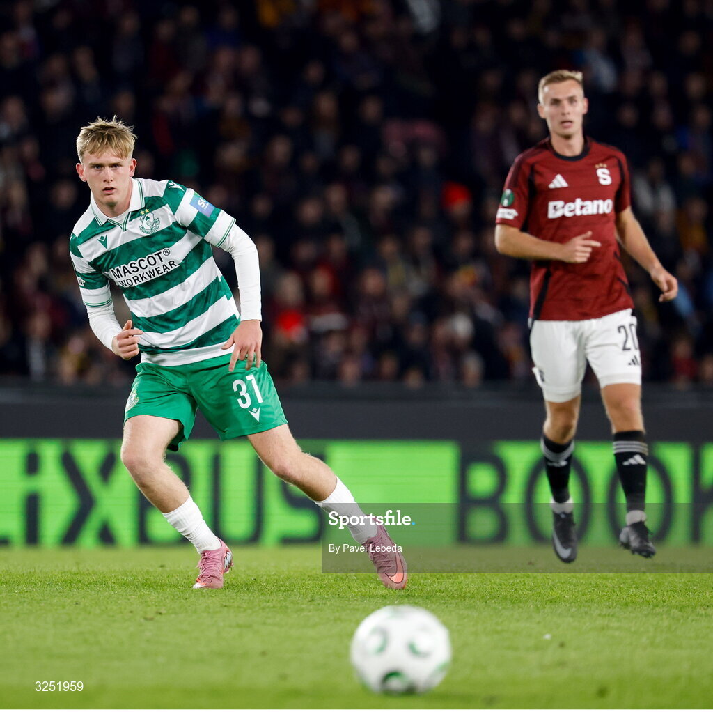 2 October 2025; Michael Noonan of Shamrock Rovers during UEFA Conference League 2025/26 league phase match between Sparta Praha and Shamrock Rovers at epet ARENA in Prague, Czechia. Photo by Pavel Lebeda/Sportsfile