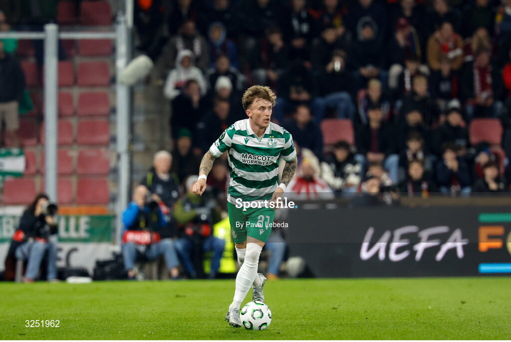 2 October 2025; Daniel Grant of Shamrock Rovers during the UEFA Conference League 2025/26 league phase match between Sparta Praha and Shamrock Rovers at epet ARENA in Prague, Czechia. Photo by Pavel Lebeda/Sportsfile
