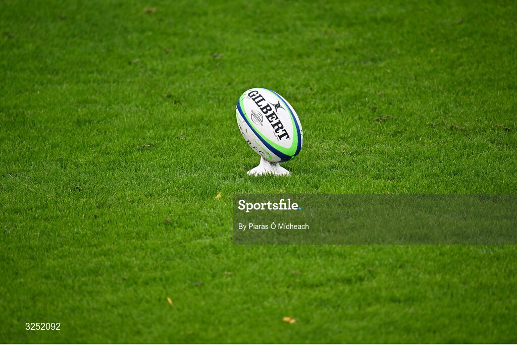 27 September 2025; A general view of a rugby ball before the Energia All-Ireland League Division 1A match between UCD and Terenure College RFC at UCD Bowl in Dublin. Photo by Piaras Ó Mídheach/Sportsfile
