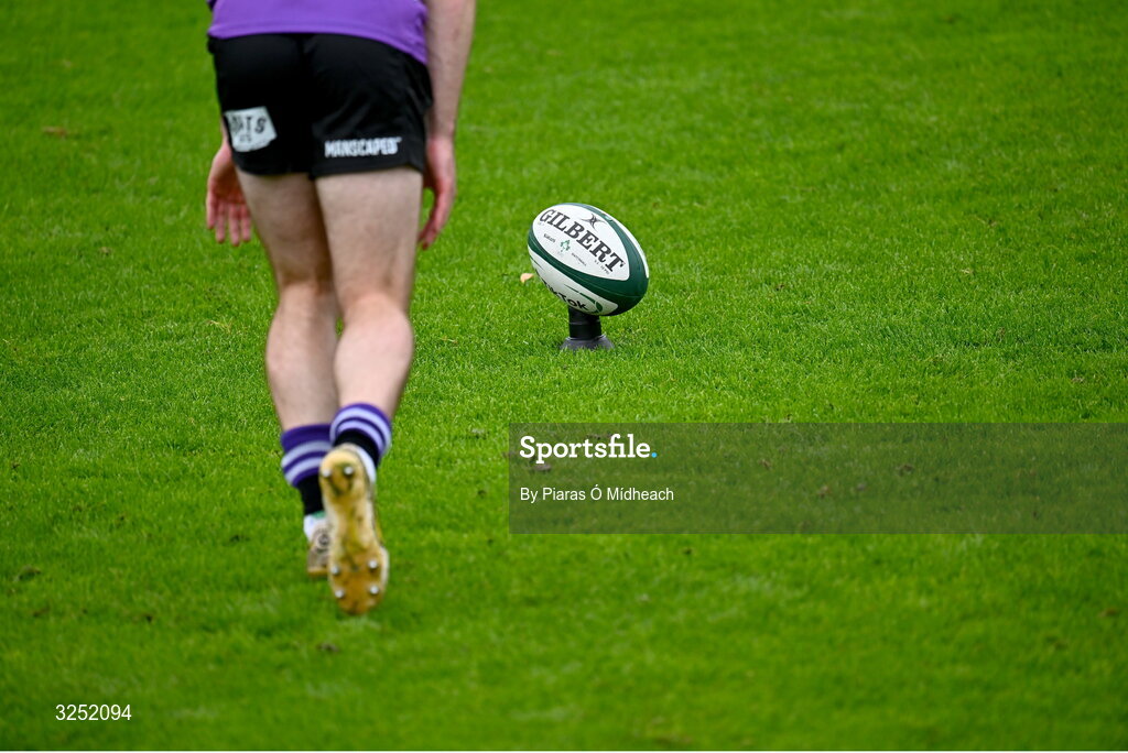 27 September 2025; A general view of a rugby ball before the Energia All-Ireland League Division 1A match between UCD and Terenure College RFC at UCD Bowl in Dublin. Photo by Piaras Ó Mídheach/Sportsfile