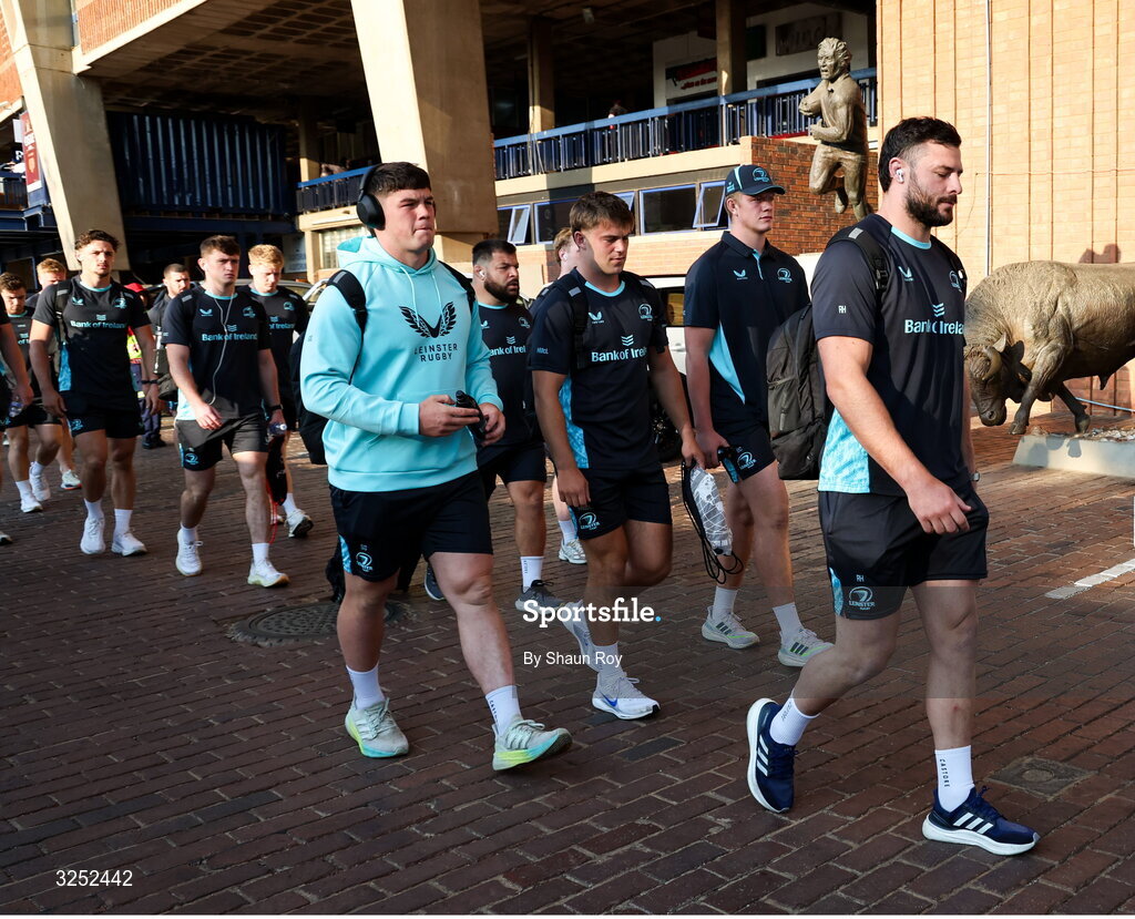 4 October 2025; Leinster players arrive before the United Rugby Championship match between Vodacom Bulls and Leinster at Loftus Versfeld Stadium in Pretoria, South Africa. Photo by Shaun Roy/Sportsfile
