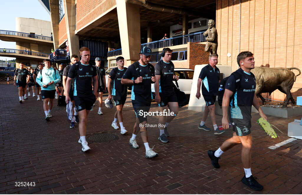 4 October 2025; Leinster players arrive before the United Rugby Championship match between Vodacom Bulls and Leinster at Loftus Versfeld Stadium in Pretoria, South Africa. Photo by Shaun Roy/Sportsfile