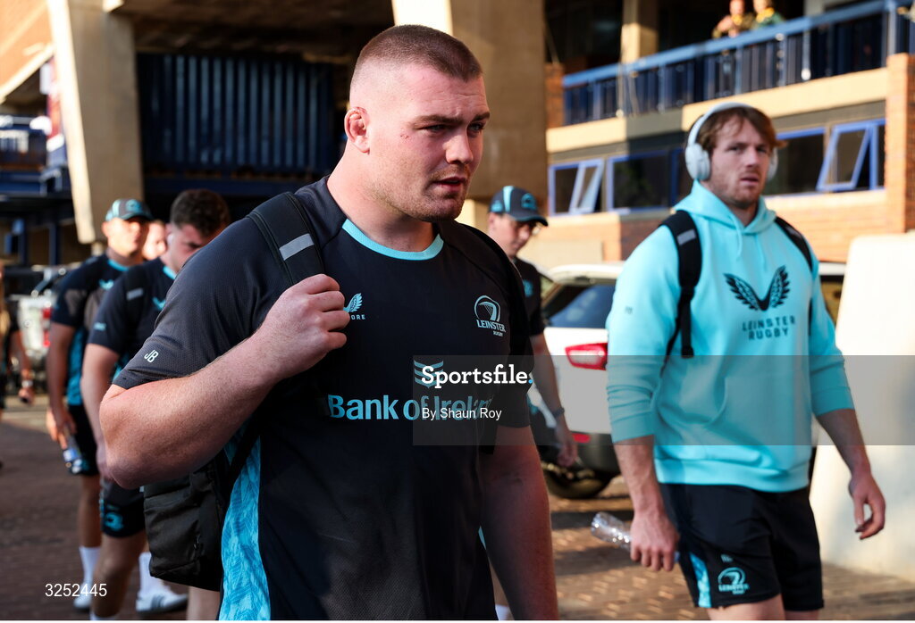 4 October 2025; Jack Boyle of Leinster arrives alongside teammates before the United Rugby Championship match between Vodacom Bulls and Leinster at Loftus Versfeld Stadium in Pretoria, South Africa. Photo by Shaun Roy/Sportsfile