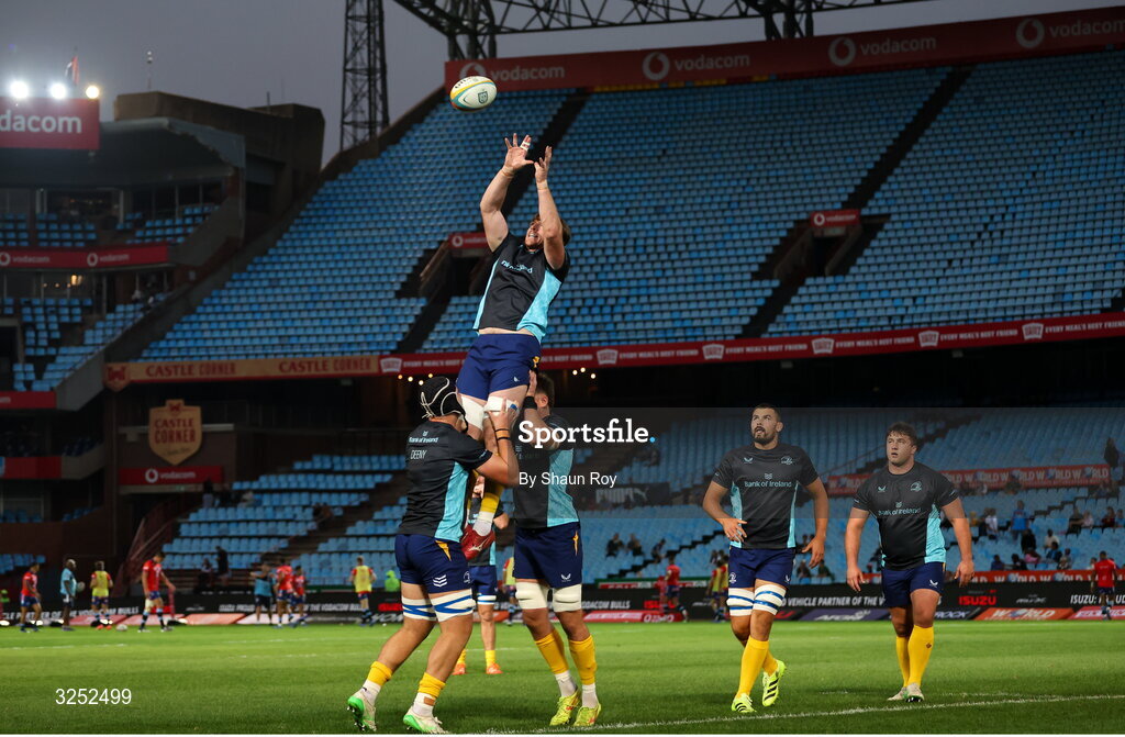 4 October 2025; Ryan Baird of Leinster and teammates before the United Rugby Championship match between Vodacom Bulls and Leinster at Loftus Versfeld Stadium in Pretoria, South Africa. Photo by Shaun Roy/Sportsfile