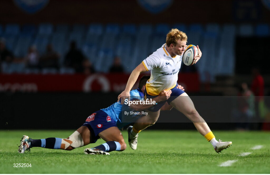 4 October 2025; Hugh Cooney of Leinster is tackled by Harold Vorster of Vodacom Bulls during the United Rugby Championship match between Vodacom Bulls and Leinster at Loftus Versfeld Stadium in Pretoria, South Africa. Photo by Shaun Roy/Sportsfile