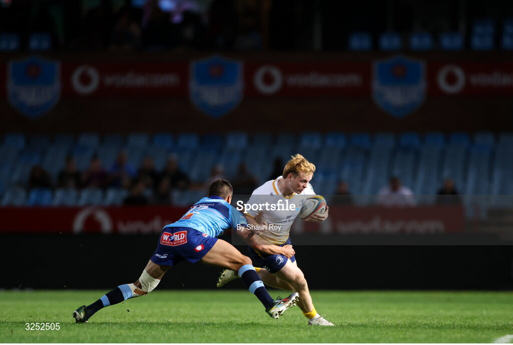 4 October 2025; Hugh Cooney of Leinster is tackled by Harold Vorster of Vodacom Bulls during the United Rugby Championship match between Vodacom Bulls and Leinster at Loftus Versfeld Stadium in Pretoria, South Africa. Photo by Shaun Roy/Sportsfile