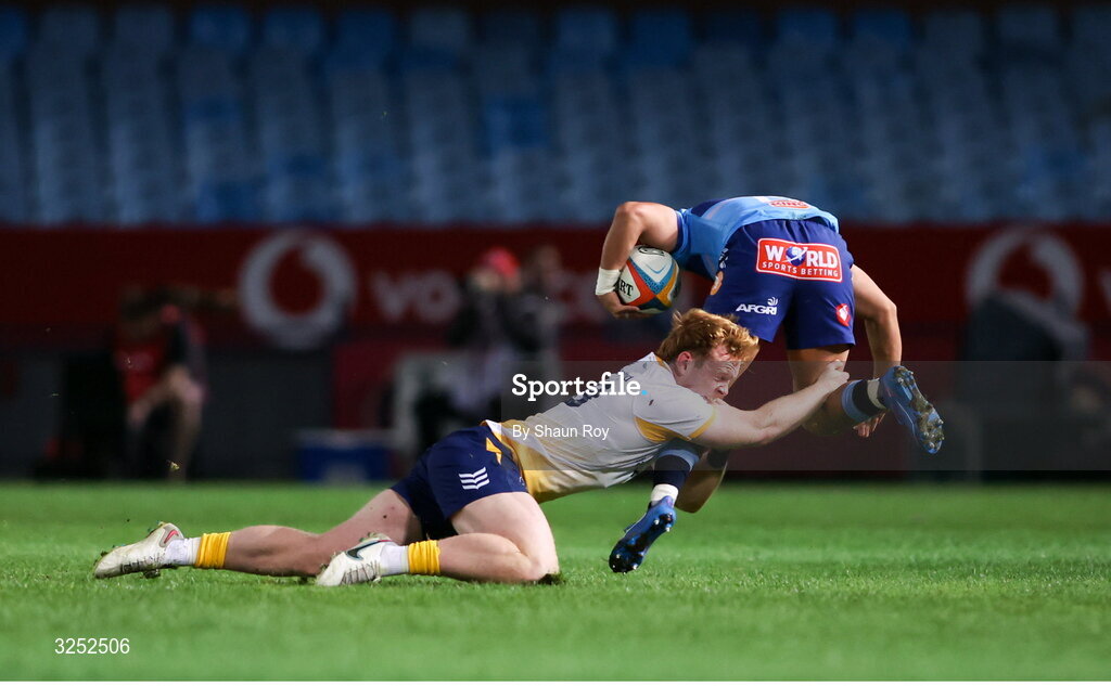 4 October 2025; Hugh Cooney of Leinster tackles Devon Williams of Vodacom Bulls during the United Rugby Championship match between Vodacom Bulls and Leinster at Loftus Versfeld Stadium in Pretoria, South Africa. Photo by Shaun Roy/Sportsfile