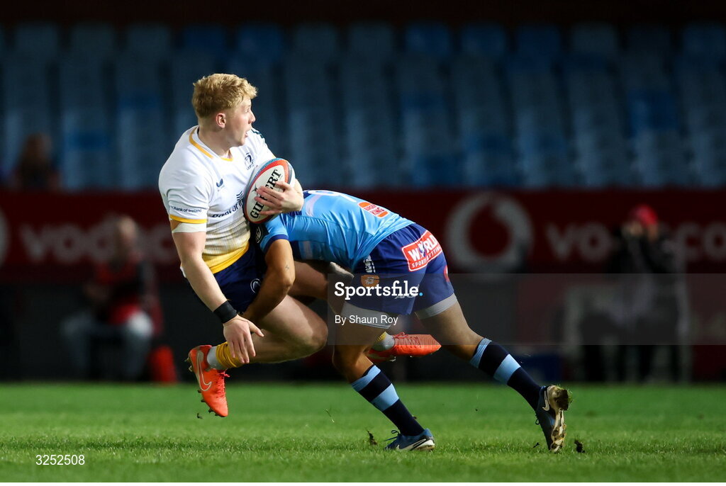 4 October 2025; Andrew Osborne of Leinster is tackled by Embrose Papier of Vodacom Bulls during the United Rugby Championship match between Vodacom Bulls and Leinster at Loftus Versfeld Stadium in Pretoria, South Africa. Photo by Shaun Roy/Sportsfile