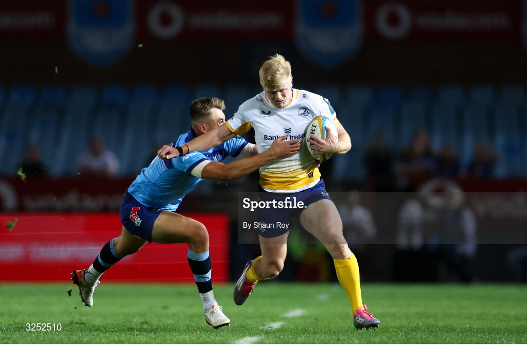 4 October 2025; Tommy O'Brien of Leinster is tackled by David Kriel of Vodacom Bulls during the United Rugby Championship match between Vodacom Bulls and Leinster at Loftus Versfeld Stadium in Pretoria, South Africa. Photo by Shaun Roy/Sportsfile