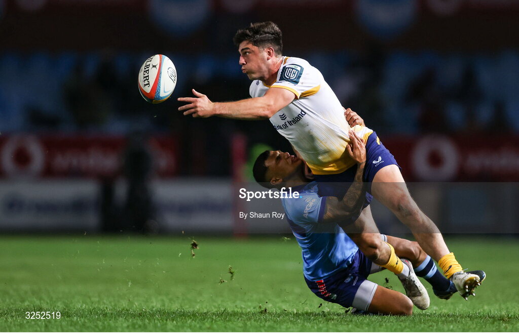 4 October 2025; Jimmy O'Brien of Leinster is tackled by Embrose Papier of Vodacom Bulls during the United Rugby Championship match between Vodacom Bulls and Leinster at Loftus Versfeld Stadium in Pretoria, South Africa. Photo by Shaun Roy/Sportsfile