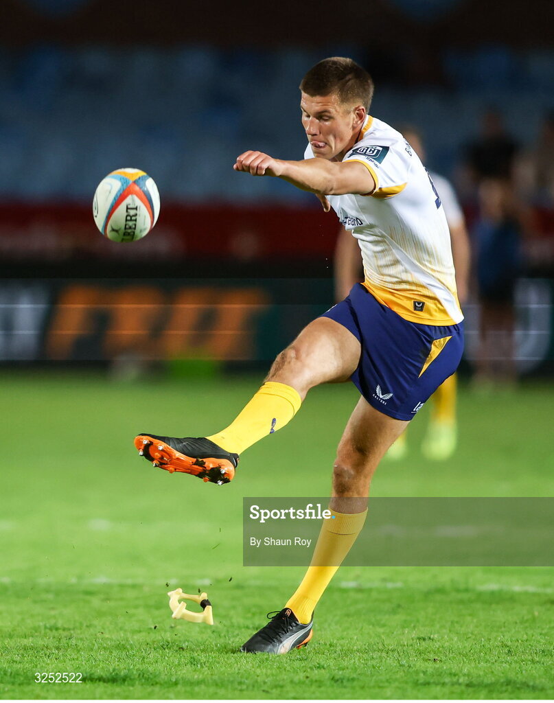 4 October 2025; Sam Prendergast of Leinster kicks a penalty during the United Rugby Championship match between Vodacom Bulls and Leinster at Loftus Versfeld Stadium in Pretoria, South Africa. Photo by Shaun Roy/Sportsfile