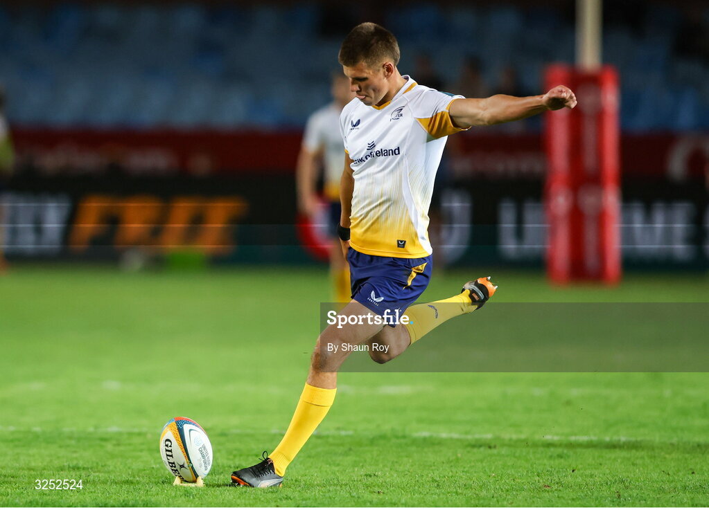 4 October 2025; Sam Prendergast of Leinster kicks a penalty during the United Rugby Championship match between Vodacom Bulls and Leinster at Loftus Versfeld Stadium in Pretoria, South Africa. Photo by Shaun Roy/Sportsfile