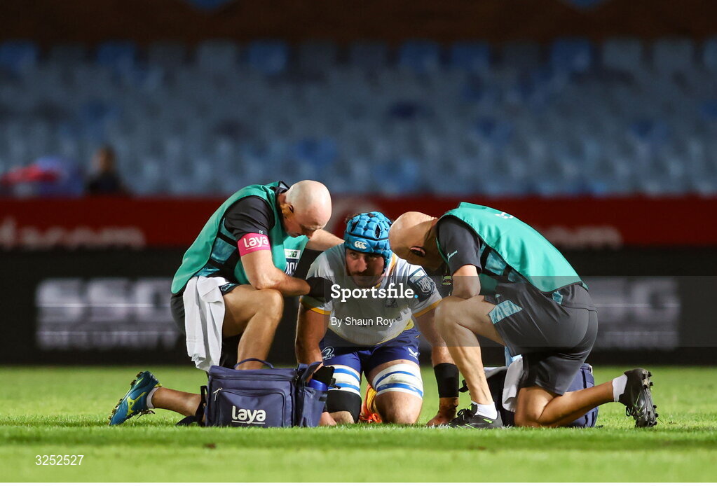 4 October 2025; Will Connors of Leinster receives medical treatment during the United Rugby Championship match between Vodacom Bulls and Leinster at Loftus Versfeld Stadium in Pretoria, South Africa. Photo by Shaun Roy/Sportsfile