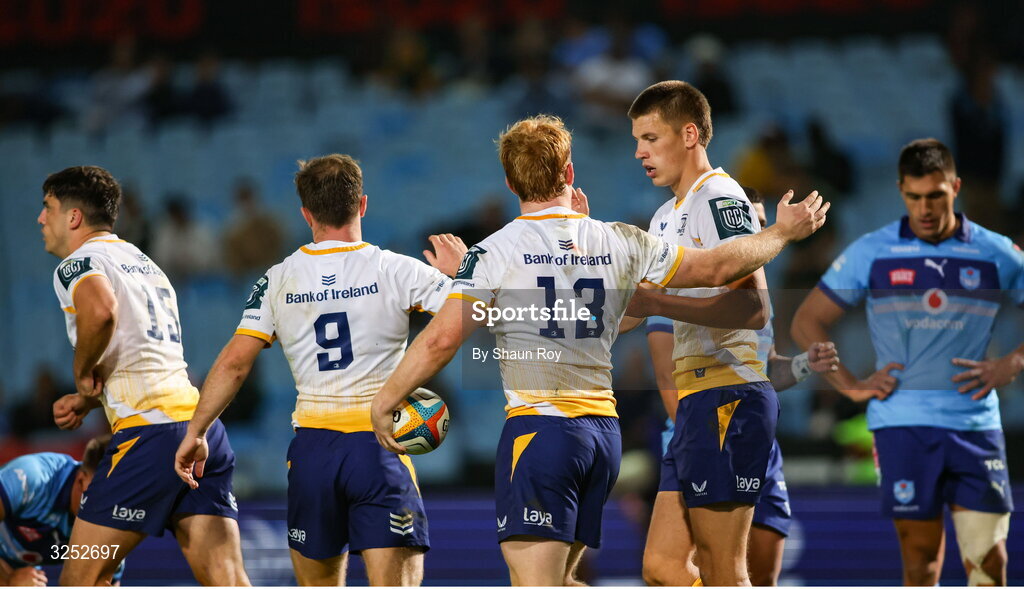 4 October 2025; Scott Penny of Leinster, right, with team-mate Hugh Cooney during the United Rugby Championship match between Vodacom Bulls and Leinster at Loftus Versfeld Stadium in Pretoria, South Africa. Photo by Shaun Roy/Sportsfile