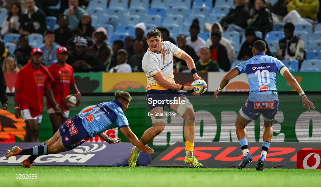 4 October 2025; Alex Soroka of Leinster in action against Sebastian de Klerk of Vodacom Bulls during the United Rugby Championship match between Vodacom Bulls and Leinster at Loftus Versfeld Stadium in Pretoria, South Africa. Photo by Shaun Roy/Sportsfile