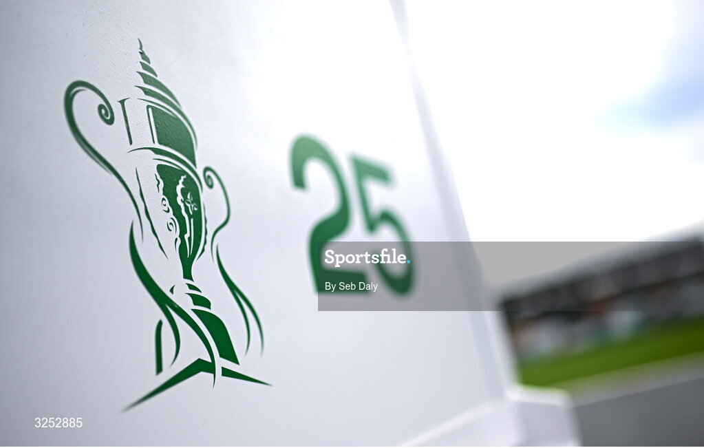 5 October 2025; A stencil of the FAI Challenge Cup before the Sports Direct Men’s FAI Cup semi-final match between Shamrock Rovers and Kerry FC at Tallaght Stadium in Dublin. Photo by Seb Daly/Sportsfile