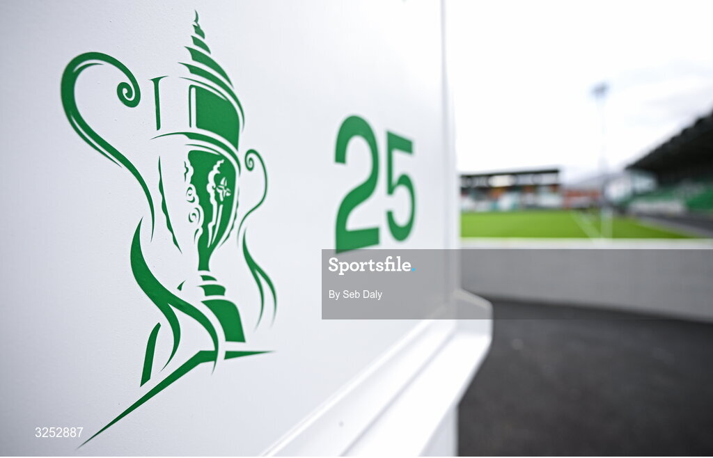 5 October 2025; A stencil of the FAI Challenge Cup before the Sports Direct Men’s FAI Cup semi-final match between Shamrock Rovers and Kerry FC at Tallaght Stadium in Dublin. Photo by Seb Daly/Sportsfile