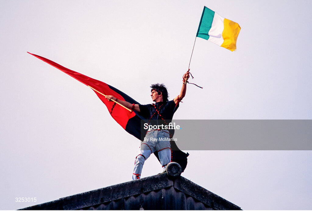 15 September 1991; A Down supporter on top of the Nally Stand during the All-Ireland Senior Football Championship Final between Down and Meath at Croke Park in Dublin. Photo by Ray McManus/Sportsfile