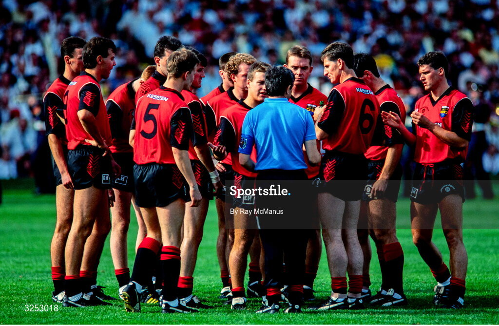 15 September 1991; Down manager Pete McGrath speaks to his players before the All-Ireland Senior Football Championship Final between Down and Meath at Croke Park in Dublin. Photo by Ray McManus/Sportsfile