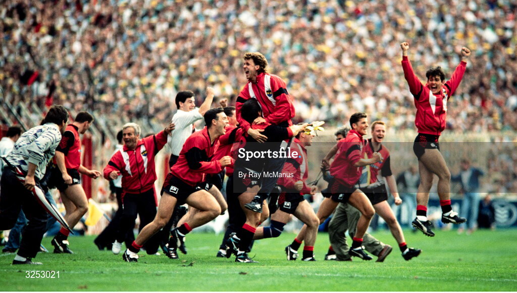15 September 1991; Down players celebrate at the final whistle of the All-Ireland Senior Football Championship Final between Down and Meath at Croke Park in Dublin. Photo by Ray McManus/Sportsfile