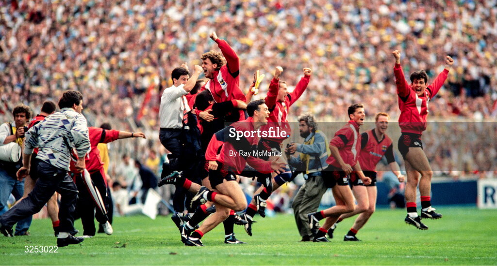 15 September 1991; Down players celebrate at the final whistle of the All-Ireland Senior Football Championship Final between Down and Meath at Croke Park in Dublin. Photo by Ray McManus/Sportsfile