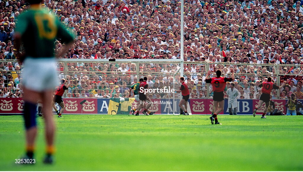 15 September 1991; Down look on as Barry Breen, third from right, celebrates aith teammate Peter Withnell, after scoring their goal during the All-Ireland Senior Football Championship Final between Down and Meath at Croke Park in Dublin. Photo by Ray McManus/Sportsfile
