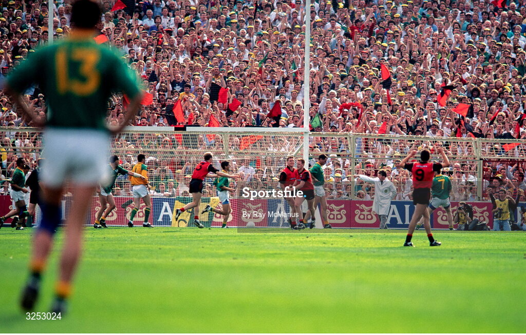 15 September 1991; Down supporters celebrate as Barry Breen, fourth from right, celebrates aith teammate Peter Withnell, after scoring their goal during the All-Ireland Senior Football Championship Final between Down and Meath at Croke Park in Dublin. Photo by Ray McManus/Sportsfile