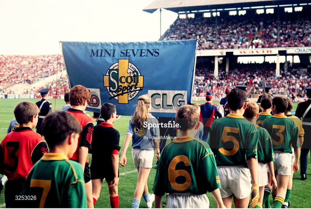 15 September 1991; Mini Sevens players walk onto the pitch during half-time in the All-Ireland Senior Football Championship Final match between Down and Meath at Croke Park in Dublin. Photo by Ray McManus/Sportsfile