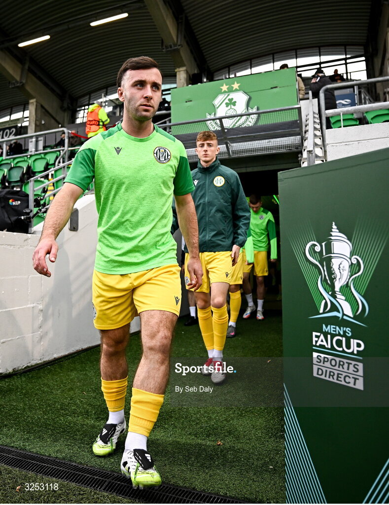 5 October 2025; Sean McGrath of Kerry FC leads his side out before the Sports Direct Men’s FAI Cup semi-final match between Shamrock Rovers and Kerry FC at Tallaght Stadium in Dublin. Photo by Seb Daly/Sportsfile