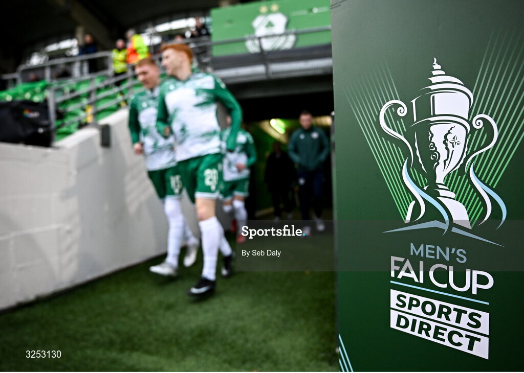 5 October 2025; Shamrock Rovers make their way out to warm-up before the Sports Direct Men’s FAI Cup semi-final match between Shamrock Rovers and Kerry FC at Tallaght Stadium in Dublin. Photo by Seb Daly/Sportsfile