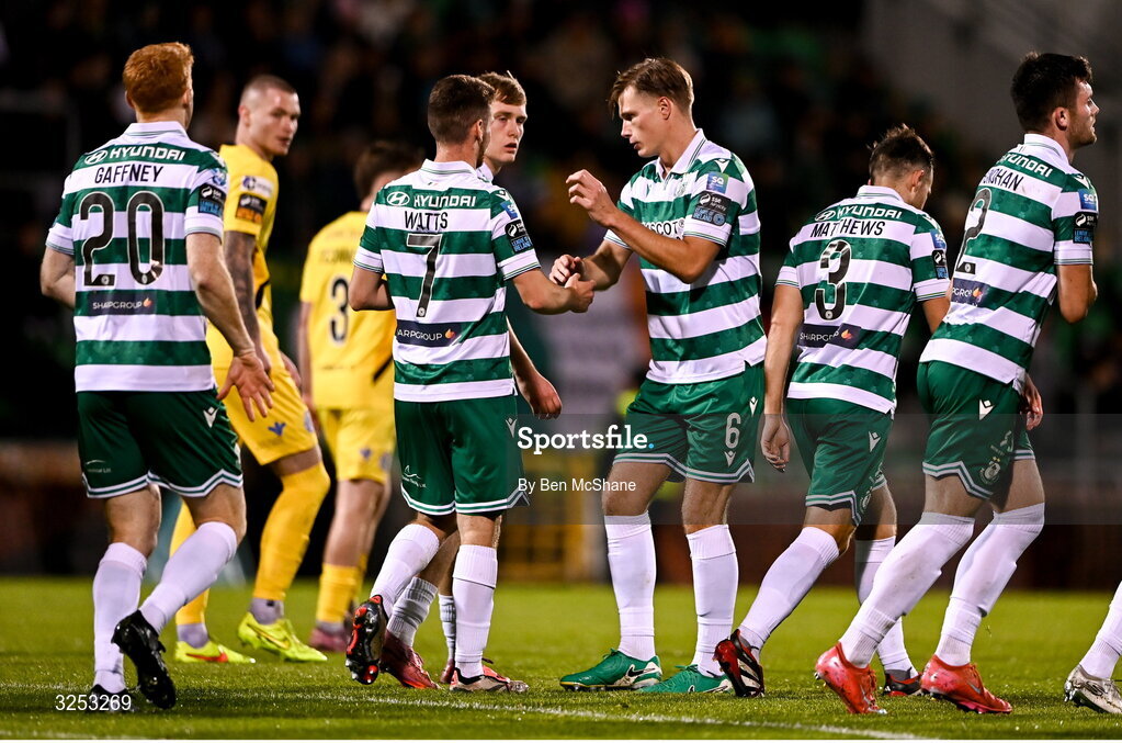 5 October 2025; Dylan Watts of Shamrock Rovers, 7, with teammates including Daniel Cleary, centre, after scoring their side's fourth goal, a penalty, during the Sports Direct Men’s FAI Cup semi-final match between Shamrock Rovers and Kerry FC at Tallaght Stadium in Dublin. Photo by Ben McShane/Sportsfile