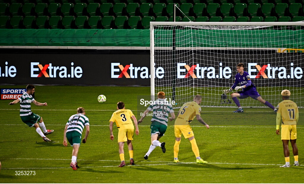 5 October 2025; Dylan Watts of Shamrock Rovers scores his side's fourth goal, from a penalty, past Kerry FC goalkeeper Darragh Foley, during the Sports Direct Men’s FAI Cup semi-final match between Shamrock Rovers and Kerry FC at Tallaght Stadium in Dublin. Photo by Seb Daly/Sportsfile