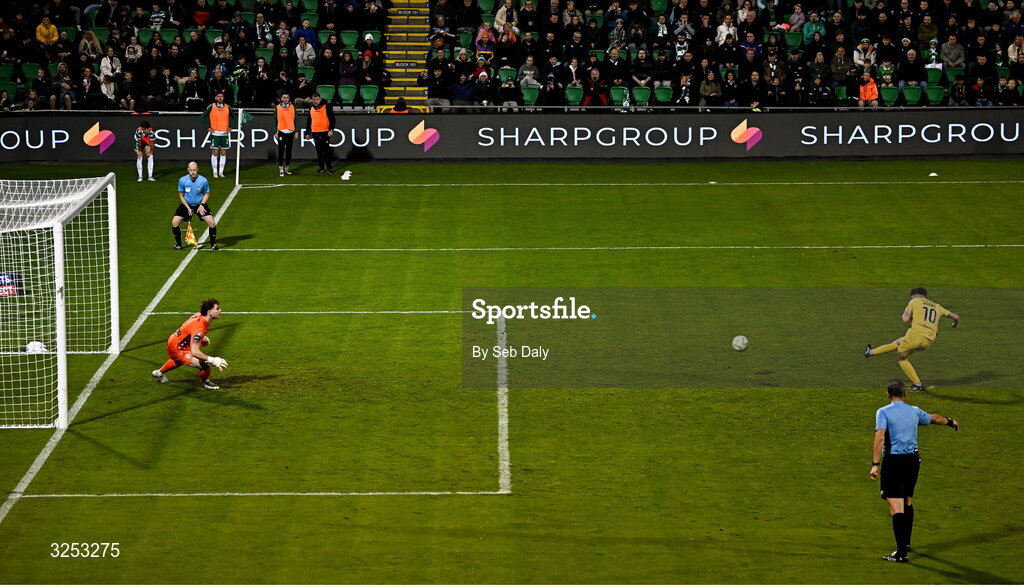 5 October 2025; Joe Adams of Kerry FC scores his side's first goal, a penalty, past Shamrock Rovers goalkeeper Ed McGinty, during the Sports Direct Men’s FAI Cup semi-final match between Shamrock Rovers and Kerry FC at Tallaght Stadium in Dublin. Photo by Seb Daly/Sportsfile