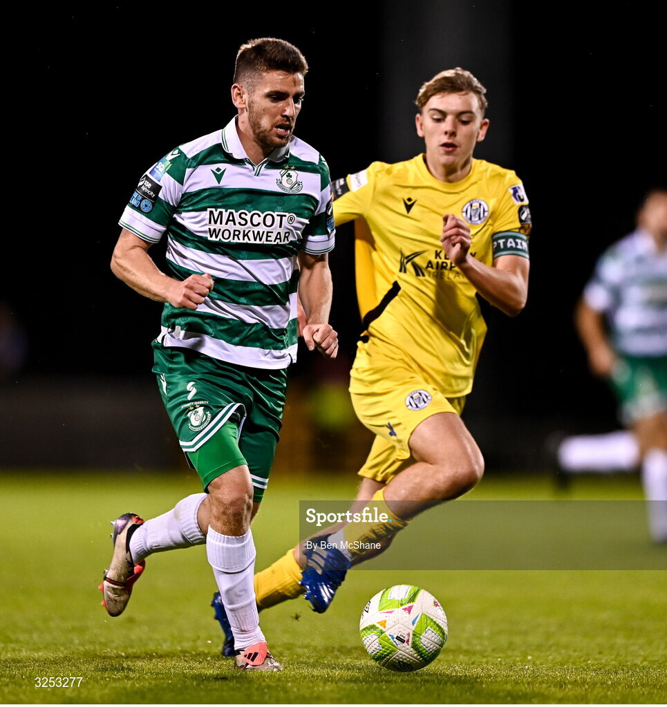 5 October 2025; Dylan Watts of Shamrock Rovers in action against Ronan Teahan of Kerry FC during the Sports Direct Men’s FAI Cup semi-final match between Shamrock Rovers and Kerry FC at Tallaght Stadium in Dublin. Photo by Ben McShane/Sportsfile