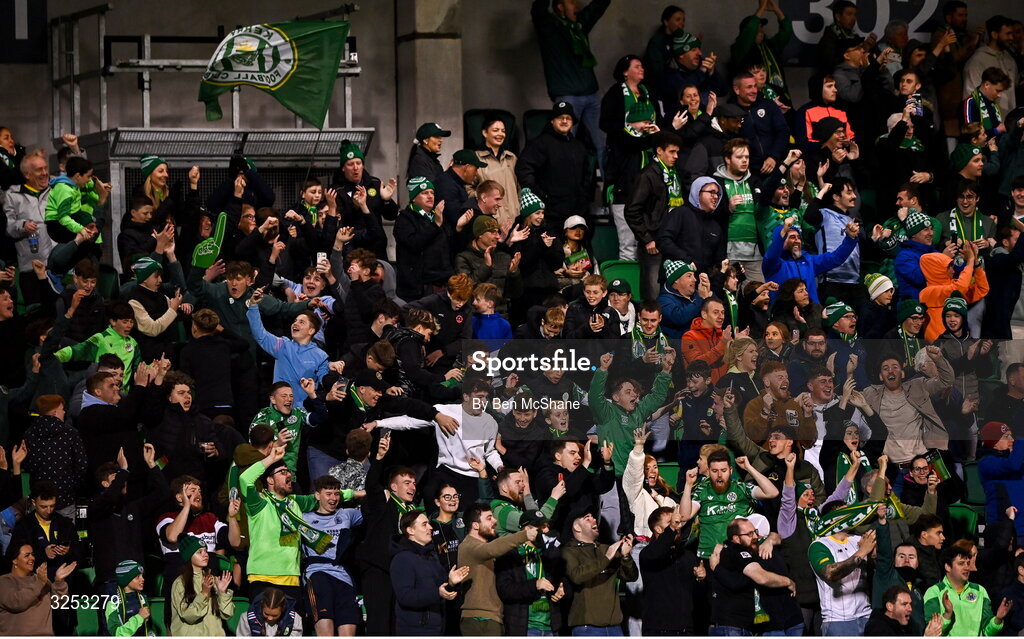 5 October 2025; Kerry FC supporters celebrate their first goal, a penalty scored by Joe Adams, during the Sports Direct Men’s FAI Cup semi-final match between Shamrock Rovers and Kerry FC at Tallaght Stadium in Dublin. Photo by Ben McShane/Sportsfile