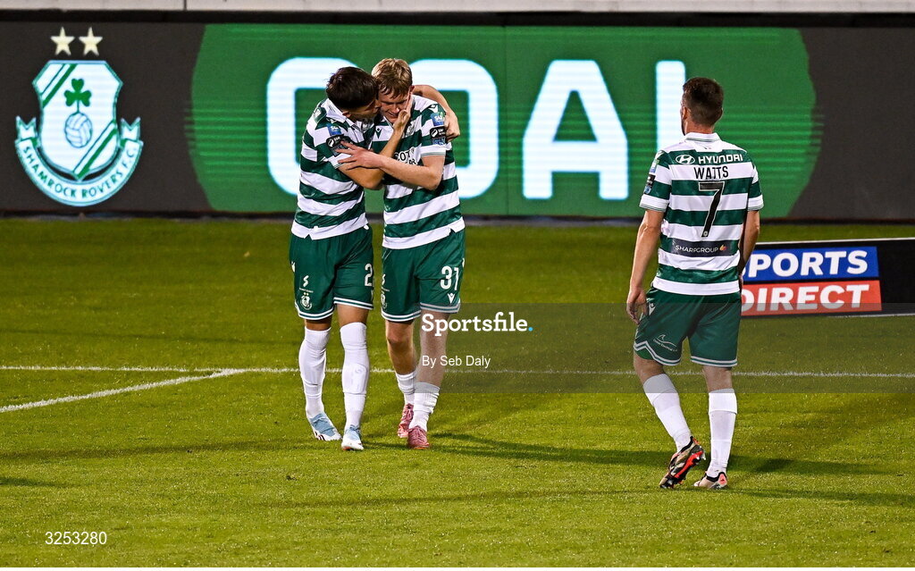 5 October 2025; Michael Noonan of Shamrock Rovers, centre, celebrates with teammate Cian Barrett, left, after scoring their side's fifth goal during the Sports Direct Men’s FAI Cup semi-final match between Shamrock Rovers and Kerry FC at Tallaght Stadium in Dublin. Photo by Seb Daly/Sportsfile