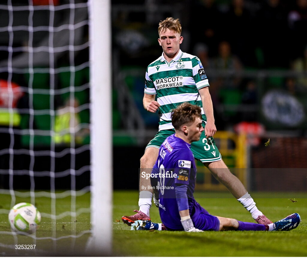 5 October 2025; Michael Noonan of Shamrock Rovers scores his side's fifth goal past Kerry FC goalkeeper Darragh Foley during the Sports Direct Men’s FAI Cup semi-final match between Shamrock Rovers and Kerry FC at Tallaght Stadium in Dublin. Photo by Ben McShane/Sportsfile