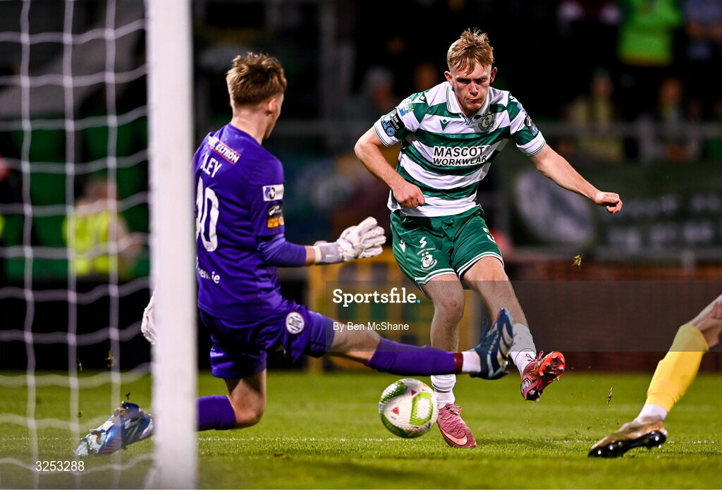 5 October 2025; Michael Noonan of Shamrock Rovers scores his side's fifth goal past Kerry FC goalkeeper Darragh Foley during the Sports Direct Men’s FAI Cup semi-final match between Shamrock Rovers and Kerry FC at Tallaght Stadium in Dublin. Photo by Ben McShane/Sportsfile
