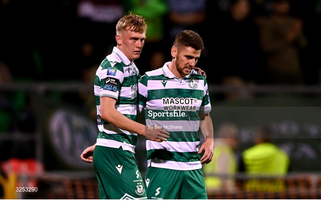 5 October 2025; Michael Noonan of Shamrock Rovers celebrates with teammate Dylan Watts, right, after scoring their side's fifth goal during the Sports Direct Men’s FAI Cup semi-final match between Shamrock Rovers and Kerry FC at Tallaght Stadium in Dublin. Photo by Ben McShane/Sportsfile