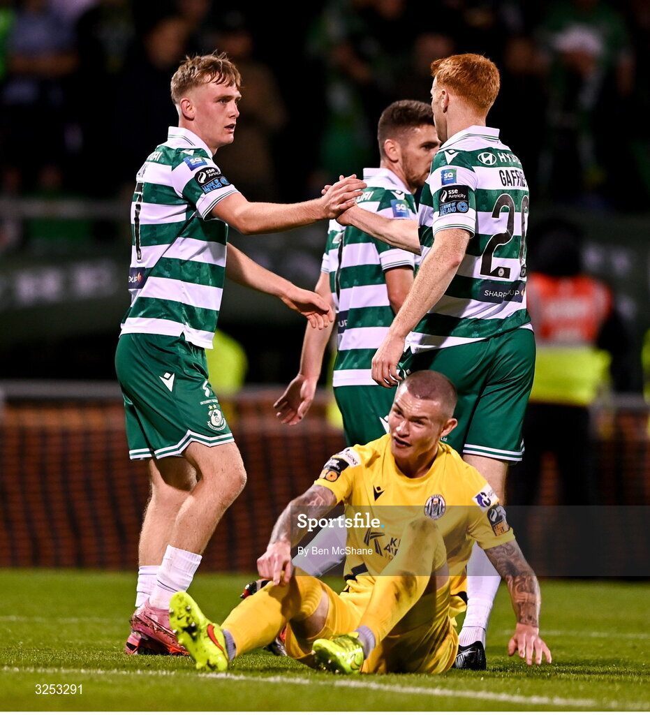 5 October 2025; Michael Noonan of Shamrock Rovers celebrates with teammate Rory Gaffney, right, after scoring their side's fifth goal during the Sports Direct Men’s FAI Cup semi-final match between Shamrock Rovers and Kerry FC at Tallaght Stadium in Dublin. Photo by Ben McShane/Sportsfile