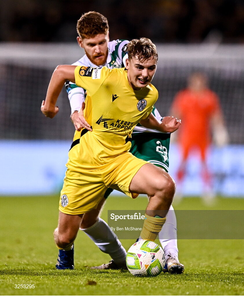 5 October 2025; Ronan Teahan of Kerry FC is tackled by Connor Malley of Shamrock Rovers during the Sports Direct Men’s FAI Cup semi-final match between Shamrock Rovers and Kerry FC at Tallaght Stadium in Dublin. Photo by Ben McShane/Sportsfile