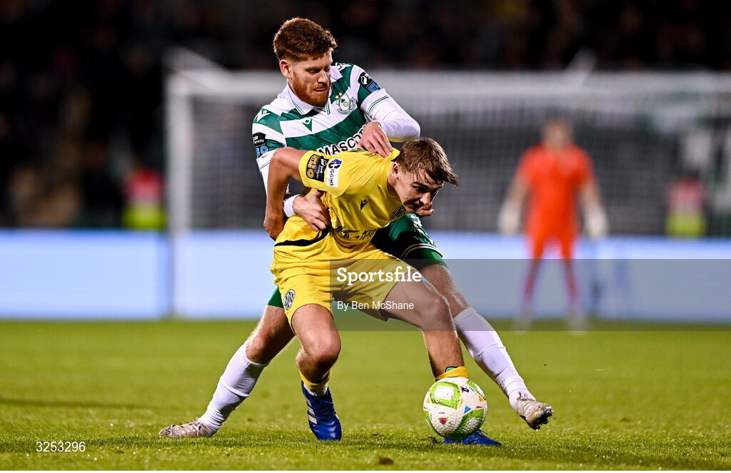 5 October 2025; Ronan Teahan of Kerry FC is tackled by Connor Malley of Shamrock Rovers during the Sports Direct Men’s FAI Cup semi-final match between Shamrock Rovers and Kerry FC at Tallaght Stadium in Dublin. Photo by Ben McShane/Sportsfile