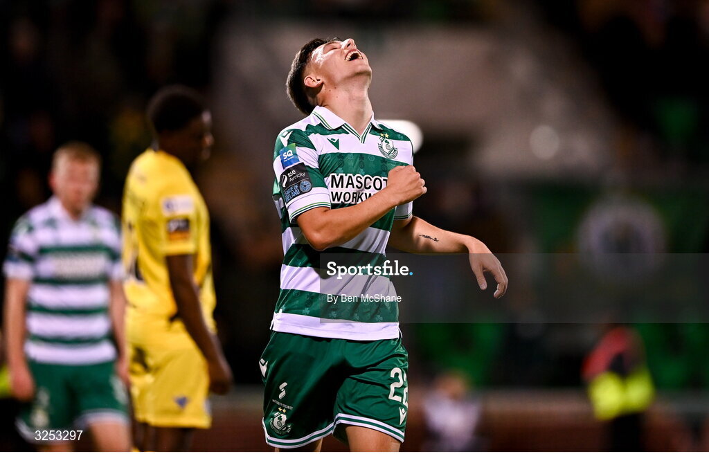 5 October 2025; Cian Barrett of Shamrock Rovers after scoring their side's sixth goal during the Sports Direct Men’s FAI Cup semi-final match between Shamrock Rovers and Kerry FC at Tallaght Stadium in Dublin. Photo by Ben McShane/Sportsfile